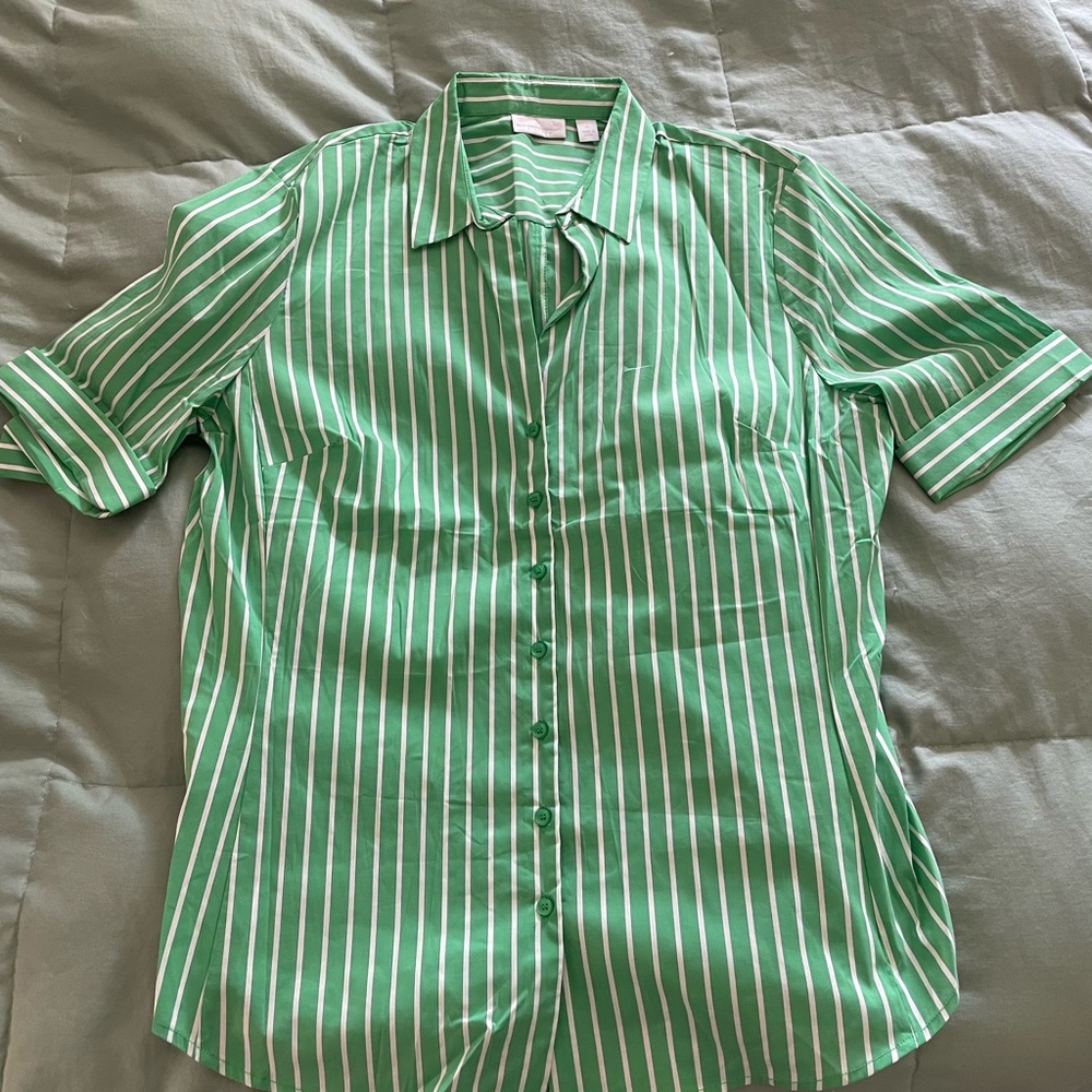 New York & Company Green Striped Button Down Shirt